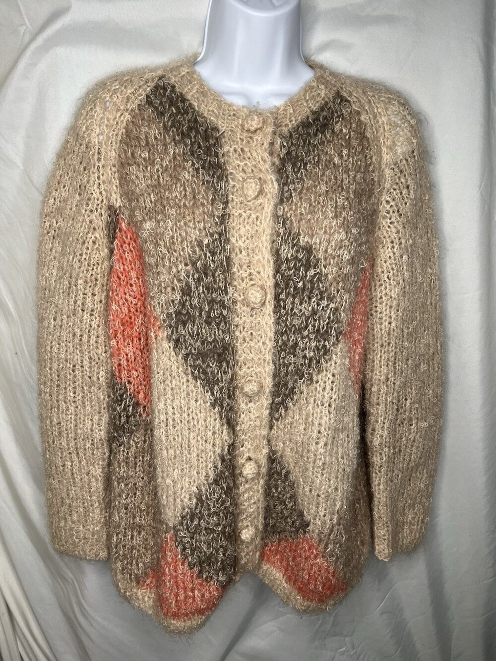 Italian Harlequin Loopy Knit Cardigan Sweater Wool Mohair Blend Sz Small 60s 70s